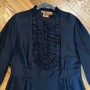 Stunning Tori Burch Black Ruffled (tuxedo style) Women's silk blouse